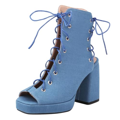 HSyc JRX Damen Peep Toe Sommer Stiefeletten Sandalen mit Schnürung Slingback High Heels Blockabsatz Plateau Stiefel Blau 39.5 HSyc JRX Damen Peep Toe Sommer Stiefeletten Sandalen mit Schnürung Slingback High Heels Blockabsatz Plateau Stiefel Blau 39.5 von HSyc JRX