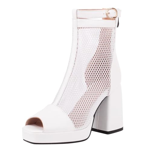 HSyc JRX Damen Peep Toe Stiefeletten mit Plateau High Heels Blockabsatz Sommer Sandalen Reißverschluss Schuhe Weiß 34 von HSyc JRX