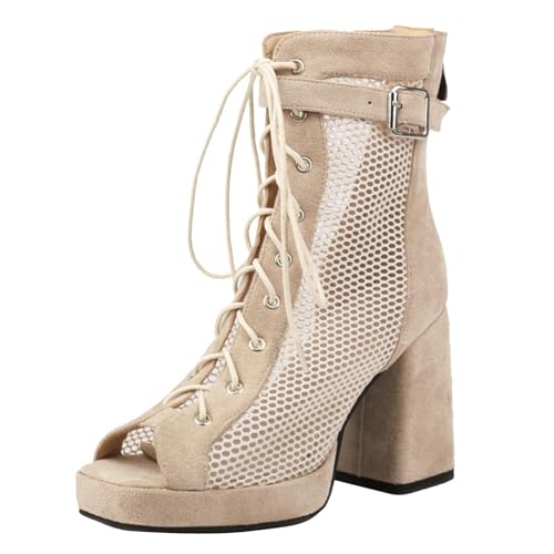 HSyc JRX Damen Plateau Stiefel mit Schnürung und Reißverschluss High Heels Blockabsatz Sommer Stiefeletten Sandalen Beige 39.5 HSyc JRX Damen Plateau Stiefel mit Schnürung und Reißverschluss High Heels Blockabsatz Sommer Stiefeletten Sandalen Beige 39.5 von HSyc JRX