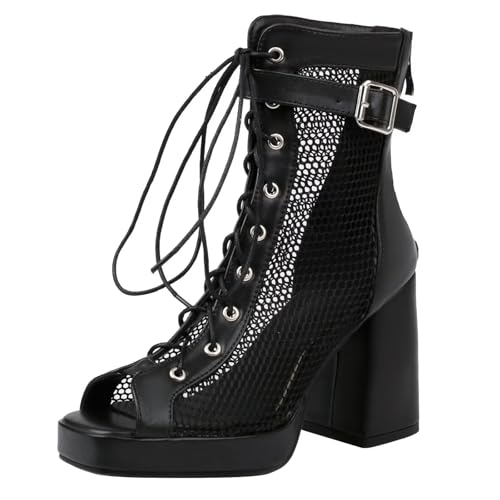 HSyc JRX Damen Plateau Stiefel mit Schnürung und Reißverschluss High Heels Blockabsatz Sommer Stiefeletten Sandalen Schwarz 42.5 von HSyc JRX