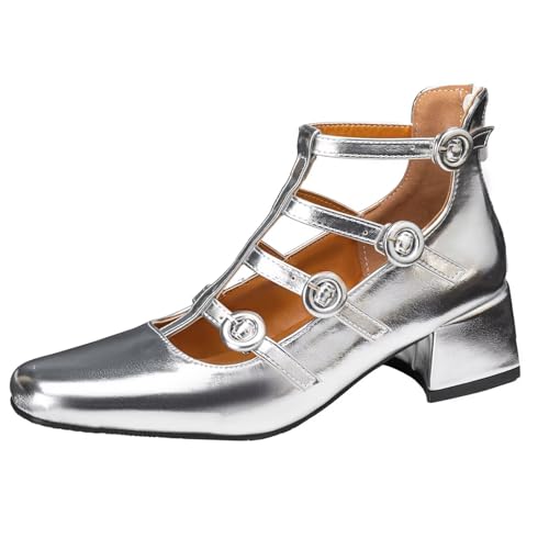 HSyc JRX Damen Pumps Mary Jane mit Kleiner Absatz Elegant High Heels Kleid Schuhe Silber 37 von HSyc JRX