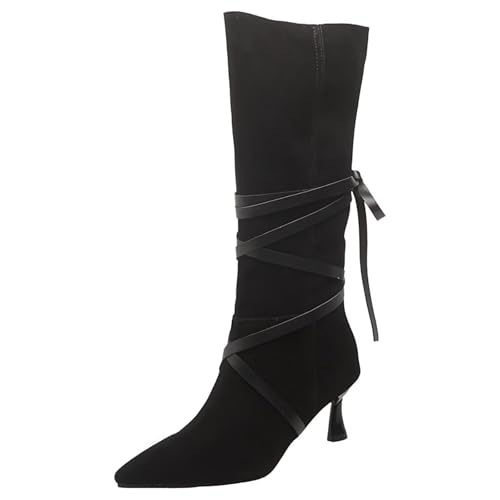 HSyc JRX Damen Samt Spitze Zehe Kniehoch Stiefel mit Stiletto Absatz 7cm High Heels Schlupfstiefel 37 von HSyc JRX