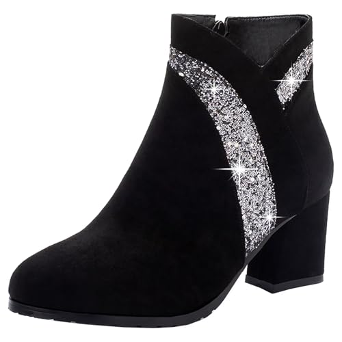 HSyc JRX Damen Samt Stiefeletten mit Glitzer 6cm Blockabsatz High Heels Ankle Boots 41.5 von HSyc JRX