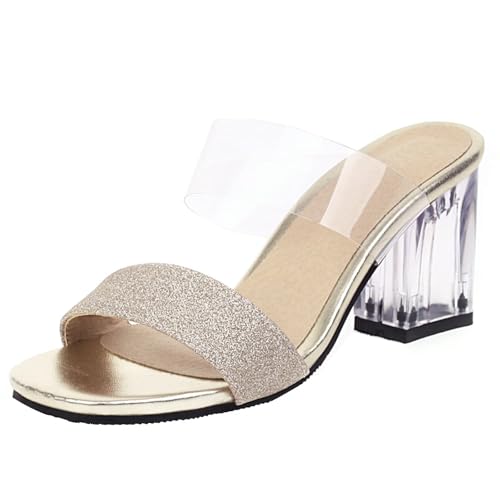 HSyc JRX Damen Sandalen Pantoletten mit Glitzer und Transparent Absatz High Heels Blockabsatz Sommerschuhe Gold 34 HSyc JRX Damen Sandalen Pantoletten mit Glitzer und Transparent Absatz High Heels Blockabsatz Sommerschuhe Gold 34 von HSyc JRX