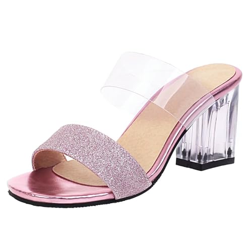 HSyc JRX Damen Sandalen Pantoletten mit Glitzer und Transparent Absatz High Heels Blockabsatz Sommerschuhe Lila 41.5 von HSyc JRX