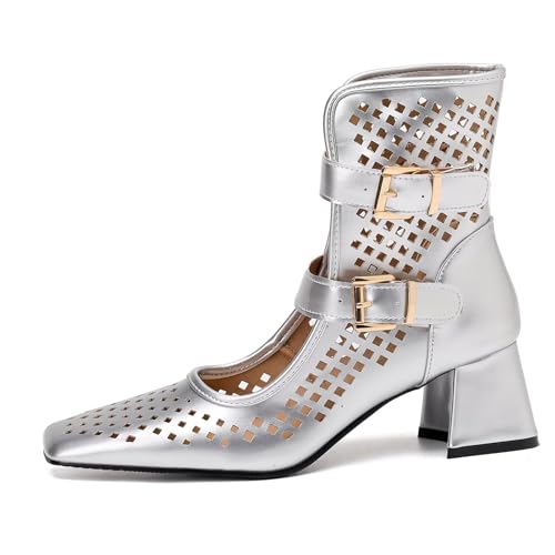 HSyc JRX Damen Sandalen Stiefeletten mit Schnalle und 6cm Blockabsatz Sommer Schuhe Silber 41.5 HSyc JRX Damen Sandalen Stiefeletten mit Schnalle und 6cm Blockabsatz Sommer Schuhe Silber 41.5 von HSyc JRX