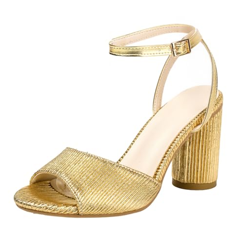 HSyc JRX Damen Sandalen mit Blockabsatz High Heels Riemchensandalen SommerSchuhe Gold 44 von HSyc JRX