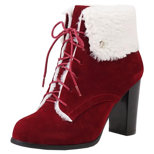 HSyc JRX Damen Schnüstiefeletten Blockabsatz High Heels Stiefeletten mit Schnürung Warm Winter Stiefel 43 von HSyc JRX