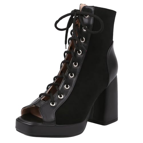 HSyc JRX Damen Sommer Stiefel mit Schnürung und Plateau Blockabsatz High Heels Stiefeletten Sandalen Schuhe Schwarz 38 HSyc JRX Damen Sommer Stiefel mit Schnürung und Plateau Blockabsatz High Heels Stiefeletten Sandalen Schuhe Schwarz 38 von HSyc JRX