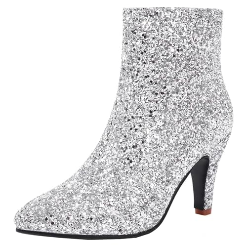 HSyc JRX Damen Stiletto High Heels Stiefeletten mit Glitzer Spitze Ankle Boots Winterstiefel 38 von HSyc JRX