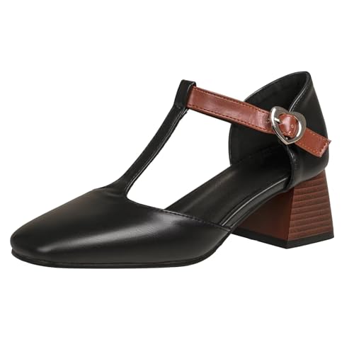 HSyc JRX Damen T Strap Pumps mit Kleinem Absatz 5cm Blockabsatz Kleid Schuhe Schwarz 41.5 von HSyc JRX