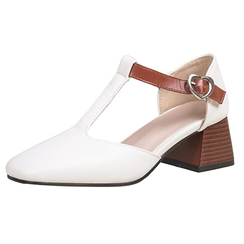 HSyc JRX Damen T Strap Pumps mit Kleinem Absatz 5cm Blockabsatz Kleid Schuhe Weiß 38 von HSyc JRX