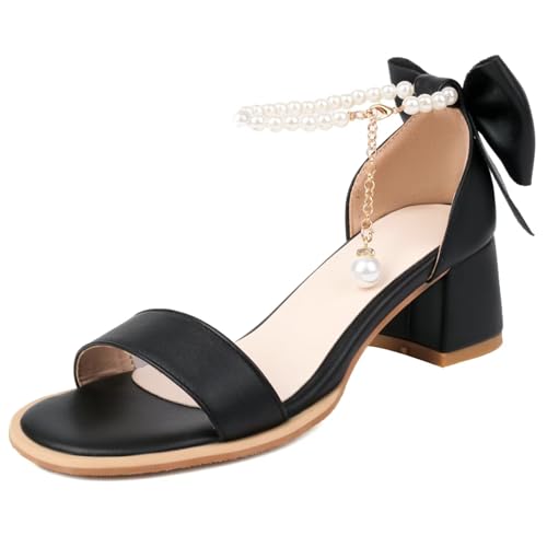 HSyc JRX Damen knöchelriemen Sandalen mit Schleife und Perlen Blockabsatz High Heels Riemchensandalen Schwarz 39.5 HSyc JRX Damen knöchelriemen Sandalen mit Schleife und Perlen Blockabsatz High Heels Riemchensandalen Schwarz 39.5 von HSyc JRX