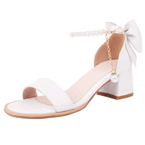 HSyc JRX Damen knöchelriemen Sandalen mit Schleife und Perlen Blockabsatz High Heels Riemchensandalen Weiß 39.5 HSyc JRX Damen knöchelriemen Sandalen mit Schleife und Perlen Blockabsatz High Heels Riemchensandalen Weiß 39.5 von HSyc JRX