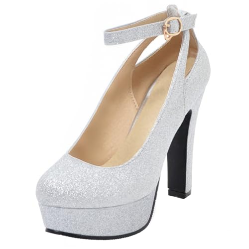 HSyc JRX High Heels Blockabsatz Plateau Pumps mit Riemchen Glitzer Damen Hochzeit Schuhe Silber 38 von HSyc JRX