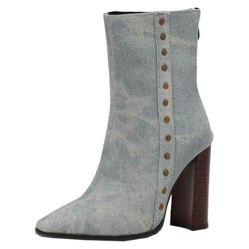 HSyc JRX High Heels Blockabsatz Stiefeletten mit Nieten und 10cm Absatz Damen Kurzstiefel 45 von HSyc JRX