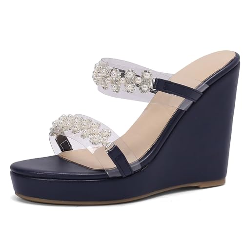 HSyc JRX Keilabsatz Sandalen Pantoletten mit Perlen Wedge High Heels Sommer Slippers Blau 42.5 von HSyc JRX