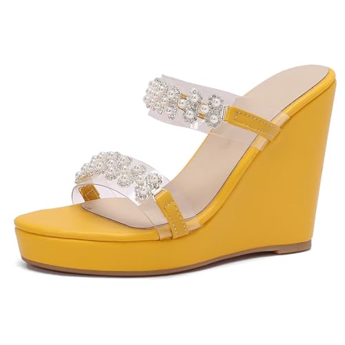 HSyc JRX Keilabsatz Sandalen Pantoletten mit Perlen Wedge High Heels Sommer Slippers Gelb 42.5 HSyc JRX Keilabsatz Sandalen Pantoletten mit Perlen Wedge High Heels Sommer Slippers Gelb 42.5 von HSyc JRX