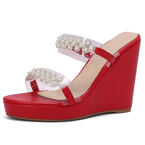 HSyc JRX Keilabsatz Sandalen Pantoletten mit Perlen Wedge High Heels Sommer Slippers Rot 41 von HSyc JRX