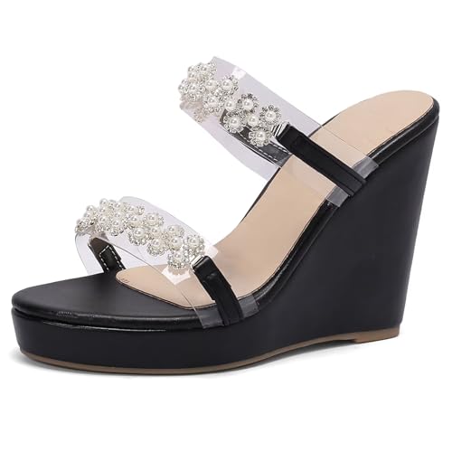 HSyc JRX Keilabsatz Sandalen Pantoletten mit Perlen Wedge High Heels Sommer Slippers Schwarz 41.5 von HSyc JRX