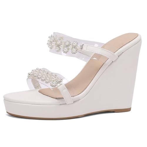 HSyc JRX Keilabsatz Sandalen Pantoletten mit Perlen Wedge High Heels Sommer Slippers Weiß 41.5 HSyc JRX Keilabsatz Sandalen Pantoletten mit Perlen Wedge High Heels Sommer Slippers Weiß 41.5 von HSyc JRX