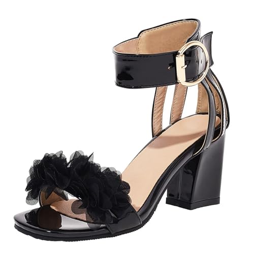 HSyc JRX Lack High Heels Sandalen mit Blumen Riemchen Sandaletten Blockabsatz Schuhe Schwarz 39.5 von HSyc JRX