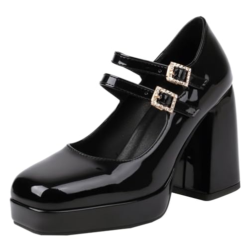 HSyc JRX Lack Mary Jane Blockabsatz Pumps mit Plateau und Schnalle High Heels Damen Schuhe 39.5 von HSyc JRX