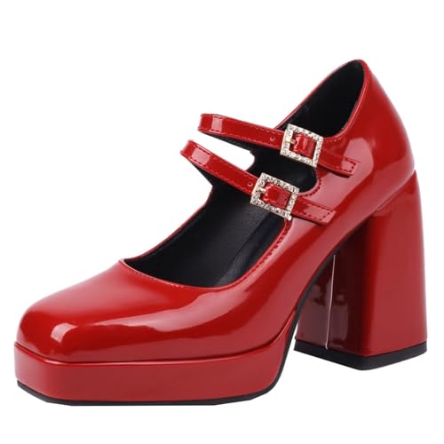 HSyc JRX Lack Mary Jane Blockabsatz Pumps mit Plateau und Schnalle High Heels Damen Schuhe 41.5 von HSyc JRX