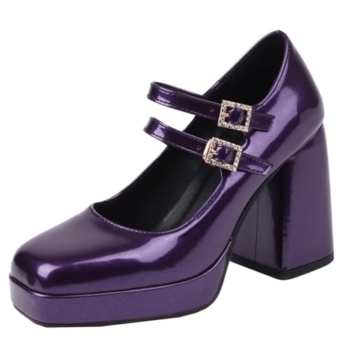 HSyc JRX Lack Mary Jane Blockabsatz Pumps mit Plateau und Schnalle High Heels Damen Schuhe 43 von HSyc JRX
