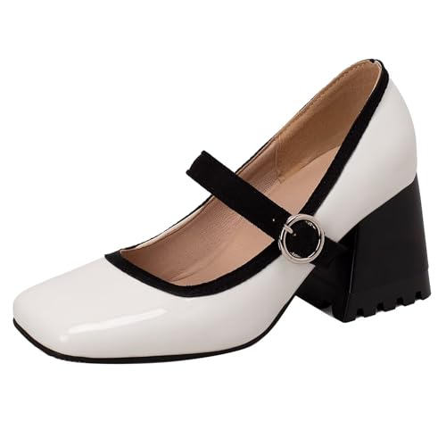 HSyc JRX Lack Mary Jane Pumps mit Blockabsatz 7cm Absatz High Heels Bequem Schuhe Weiß 41.5 von HSyc JRX