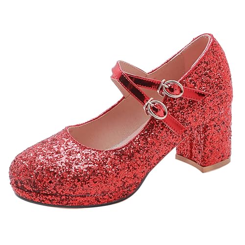 HSyc JRX Mary Jane Pumps Damen mit Glitzer 6cm Blockabsatz Runde Zehe High Heels für Party Rot 33.5 von HSyc JRX