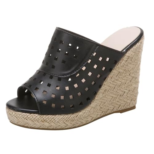 HSyc JRX Sandalen Pantoletten mit 11cm Keilabsatz Offene Wedge High Heels Sommer Slippers Schwarz 45 von HSyc JRX