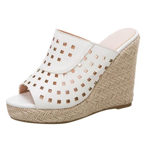 HSyc JRX Sandalen Pantoletten mit 11cm Keilabsatz Offene Wedge High Heels Sommer Slippers Weiß 44 von HSyc JRX