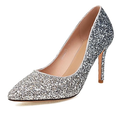 HSyc JRX Spitze Zehe Stiletto High Heels Glitzer Pumps mit 8.5cm Absatz Hochhackige Schuhe 38 von HSyc JRX