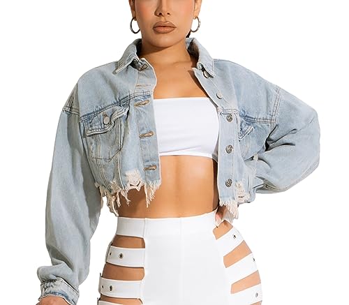 HTD Damen Cropped-Jeansjacke Knopfleiste Langarm Zerrissen Distressed Jeansjacke ausgefranster Saum, Hell, blau, XXL von HTD