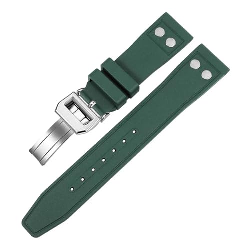 HTHRRFE 20 mm 21 mm 22 mm Naturweiches Fluorkautschuk-FKM-Kautschukarmband, kompatibel mit IWC-Armband Big Pilot Portofino TOP-Uhrenarmband mit Niete(Green silver folding,22mm) von HTHRRFE