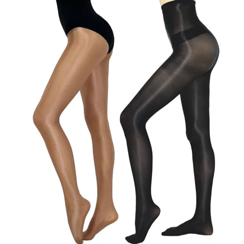 HTRUIYATY 2 paar Tanzstrumpfhose Damen Stützstrumpfhose Damen 70 Dicke Glänzende Strumpfhose für Damen Hoher Taille Shape LeggingsBraun+Schwarz von HTRUIYATY