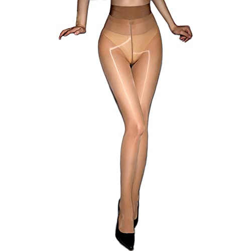 HTRUIYATY 5D Damen Strumpfhose Glänzend Öl Strumpfhosen Hohe Taille Reißfest Stützstrumpfhosen für Frauen Braun von HTRUIYATY