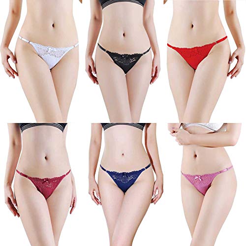 HTRUIYATY Damen Tanga Einstellbare Hohe Elastizität Niedrige Taille Baumwollfutter Thong Spitze Unterhosen 6er Pack Mehrfarbig von HTRUIYATY