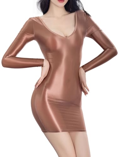 HTRUIYATY Damen Bodystocking ölig Glänzend Durchsichtiges Kleid Bodysuit Niedriger Ausschnitt Catsuit Dessous ReizwäSche Braun von HTRUIYATY
