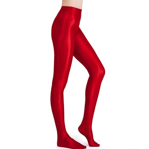 HTRUIYATY Glänzend Strumpfhosen Damen Seidenglatt Glitzer Strumpfhose mit Naht Hinten Tanzstrumpfhose ReißFest Satin Leggings Rot von HTRUIYATY