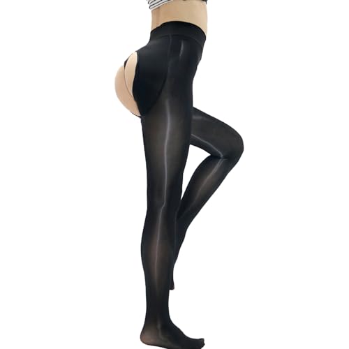 HTRUIYATY Strumpfhose Glänzend für Damen Semi Blickdicht Strumpfhosen ohne zwickel Feinstrumpfhose Hohe Taille Große Größen 8D (Schwarz Schritt) von HTRUIYATY