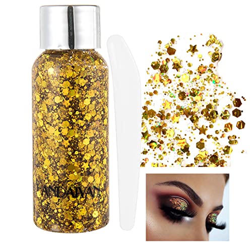 KöRper Glitzer Gel Liquid Face & Body Glitter Festival & Mermaid Sequins Chunky Glitter Liquid Long Lasting Sparkling Gold mit 1 LöFfel von HTRUIYATY