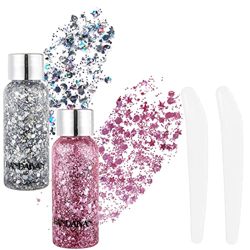 KöRper Glitzer Gel Liquid Face Body Festival Mermaid Sequins Chunky Gel Mit LöFfel - Langanhaltend Sparkling Für Gesicht Haar Make-up - Silber+Rosa von HTRUIYATY