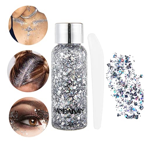 KöRper Glitzer Gel Glitter Liquid Face Body Glitter Gel Festival Glitter Mermaid Sequins Chunky Glitter Liquid Gesicht Haar Make-up Long Lasting Sparkling mit 1 LöFfel Silber von HTRUIYATY