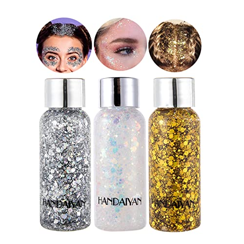 KöRper Glitzer Gel Glitter Liquid Face Body Glitter Gel Festival Glitter Mermaid Sequins Chunky Glitter Liquid Gesicht Haar Make-up Long Lasting Sparkling Mit 1 LöFfel Weiß+Silber+Gold von HTRUIYATY