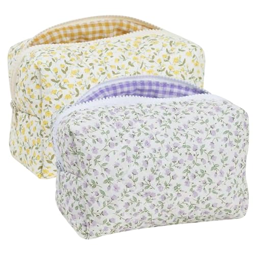 HTTDSLF 2 PCS Blumenmuster Kulturtasche, Gesteppte Kosmetiktasche, Kosmetiktaschen für Frauen, Tragbare Makeup Tasche, Makeup Tasche für Mädchen Frauen von HTTDSLF