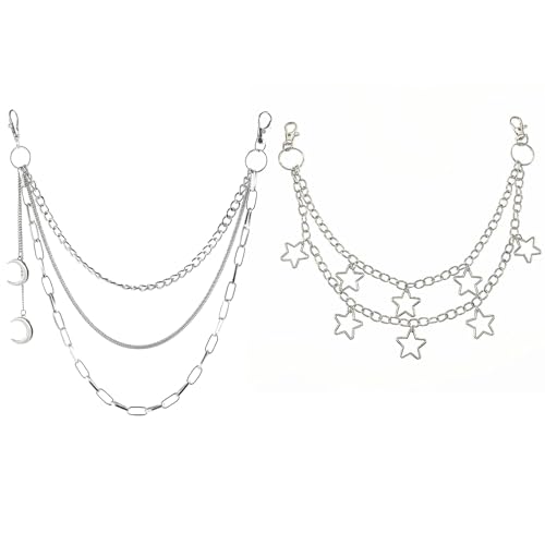 HTTDSLF 2 Stück Punk Damen Hosenkette, Hip Hop Hosenkette, Hosenkette Set Punk Damen, Jeans Ketten, Hosenkette Mode Hip Hop Kette für Geldbörse Tasche Gürtel Jeans von HTTDSLF