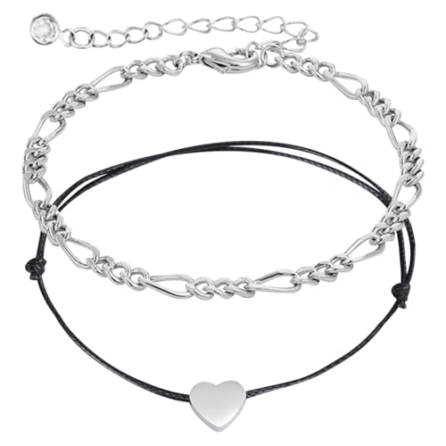 HTTDSLF 2 Stücke Fußkettchen für Damen, Verstellbare Handgewebte Herz Doppelte Fussketten, Strand Fußschmuck Geschenke Fußkettchen für Frauen Mädchen Mutter, Sommer Strand Barfuß Knöchel Kette von HTTDSLF