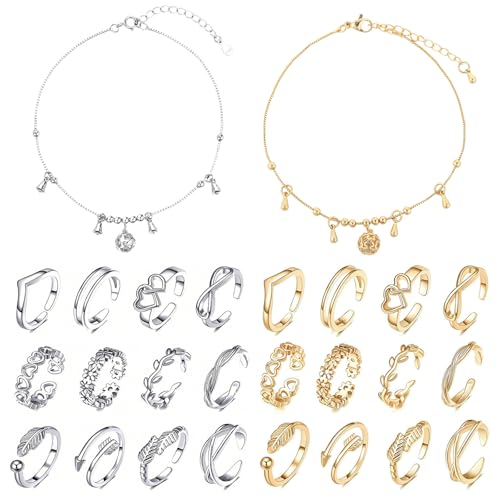 HTTDSLF 24 Stück Zehenringe für Frauen, Offene Zehenringe Set für Damen Mädchenm, Verstellbare Bandringe, Zehenringes Set Sommer Strand Fußschmuck HTTDSLF 24 Stück Zehenringe für Frauen, Offene Zehenringe Set für Damen Mädchenm, Verstellbare Bandringe, Zehenringes Set Sommer Strand Fußschmuck von HTTDSLF